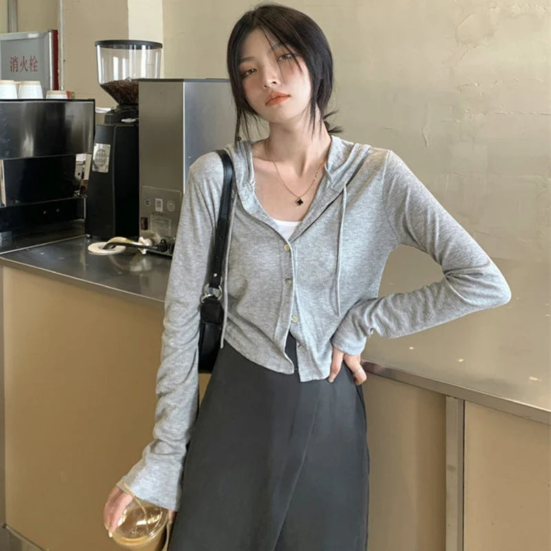 Lunivop Rimocy Summer Knitted Hooded Cardigan Women Korean Streetwear Single Breasted Crop Tops Woman Solid Long Sleeve Knitwear Top
