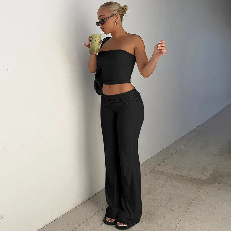 Lunivop  Women's Clothing Spring Fashion New Item Solid Color Strapless Top Flared Pants Fashionable Slim Fit Sports Suit for Women
