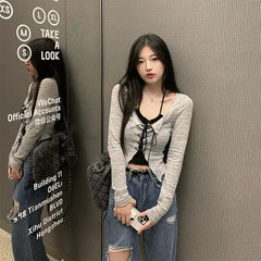 Lunivop Korean Two Piece Set Lace-up Cardigan with Cami Women's Sexy Slim Y2K Crop Long Sleeve Criss Cross Knit Tops Acubi Outfit