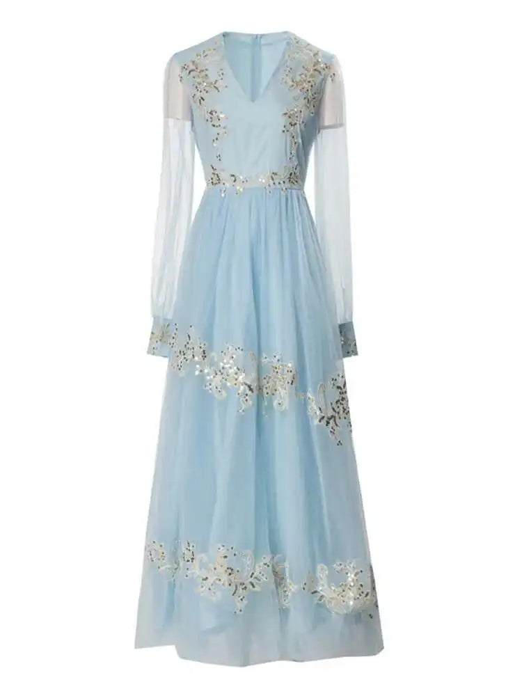 Lunivop Solid Sequins Embroidered Flares Mesh Splice Women's Dresses V Neck Long Sleeve High Waist Loose Summer 2025 New