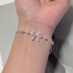 Lunivop  Sweet Pink Bowknot Bracelet For Women Luxury Sparkling Rhinestone Adjustable Bracelet Daily Dating Jewelry Accessories