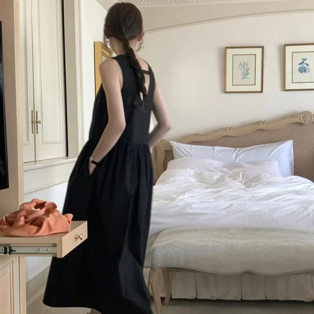 Lunivop  Korean Chic V-Neck Backless Sleeveless Dress Women's Slimming Wrap Waist Dress Spring Summer Autumn Casual Street Style