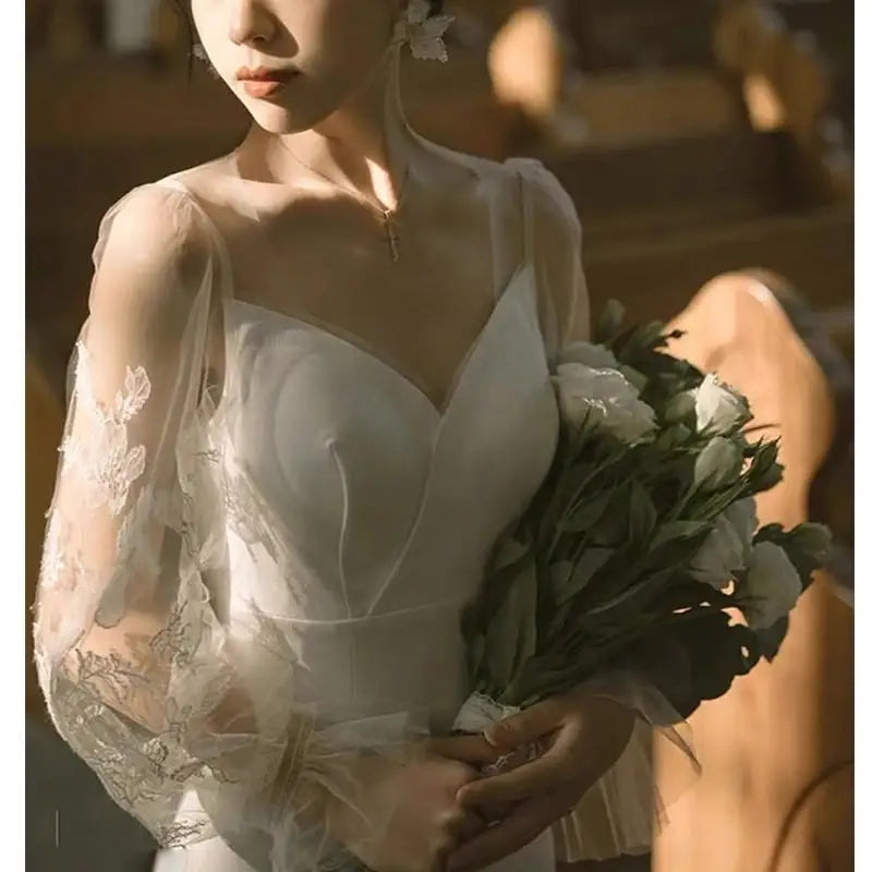 Lunivop  Korean Mori Light Wedding Dress White Simple Fishtail Waist Sexy Small Trailing Satin Evening Dress Formal Women Elegant