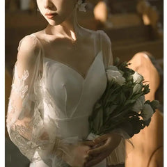 Lunivop  Korean Mori Light Wedding Dress White Simple Fishtail Waist Sexy Small Trailing Satin Evening Dress Formal Women Elegant
