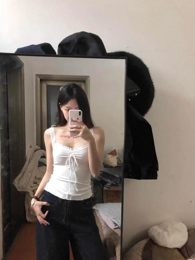 Lunivop  Y2k Lace Patchwork Camisole Vest for Women Summer New Slim Fit Tank Top Slim Fit Sleeveless Drawstring Bow Tops Mujer