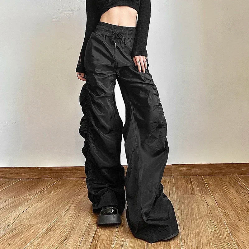 Lunivop Vintage High Waist Drawstring Black Casual Pants Women 2025 Spring New Streetwear Pleated Loose All Match Wide Leg Pants