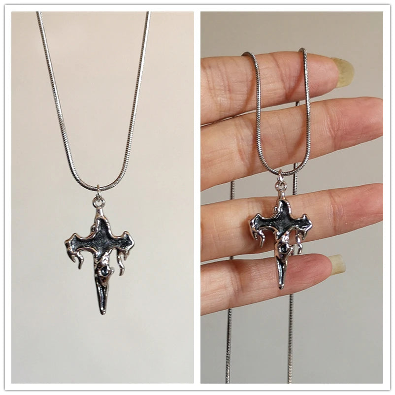 Lunivop Gothic Y2k Aesthetic Irregular Black Heart Cross Pendant Snake Chain Necklace For Women Men Halloween Rave Jewelry Accessories