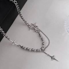 Lunivop Punk Cross Star Natural Stone Beaded Necklace Goth Cross Chain Necklace Kpop Pendant Necklaces for Women Party Jewelry