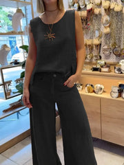 Lunivop  Summer Fashion New Women's Commuting Style Cotton and Hemp Two Piece Set Round Neck Sleeveless Top Wide Leg Pants Set