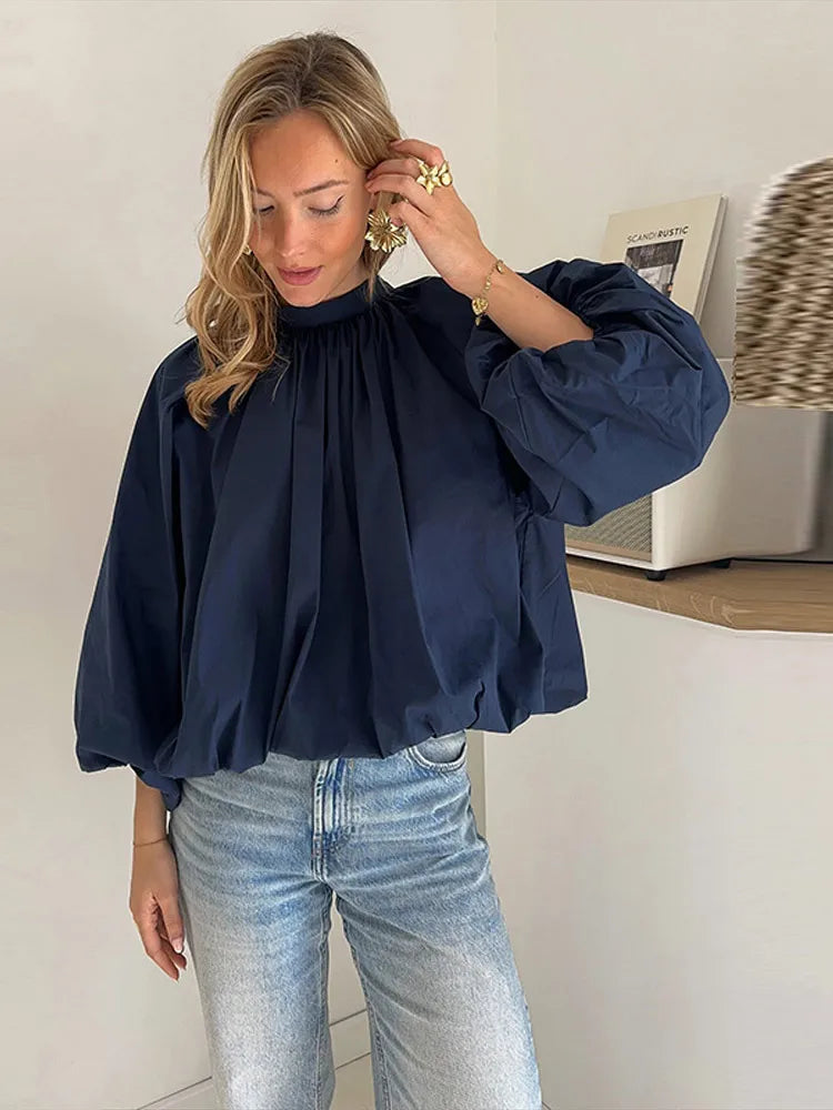 Lunivop   Fashion Women's Bowknot Shirt Pleated Long Sleeve O-Neck Backless Lady Shirts Solid Spring Summer Elegant Women Loose Top 2025