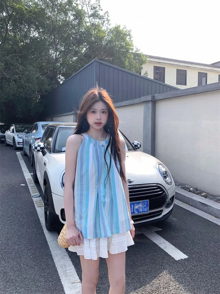 Lunivop  Woman Camis Striped Summer Fashion 2025 Sweet O Neck French Style Chic Loose Tank Tops Female Casual Sleeveless Top