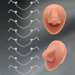 Lunivop  1pc Fashionable Stainless Steel Nose Stud With Chain, 20G Spiral Nose Stud, 4.2cm Heart-Shaped Chain, Nose Jewelry Accessory