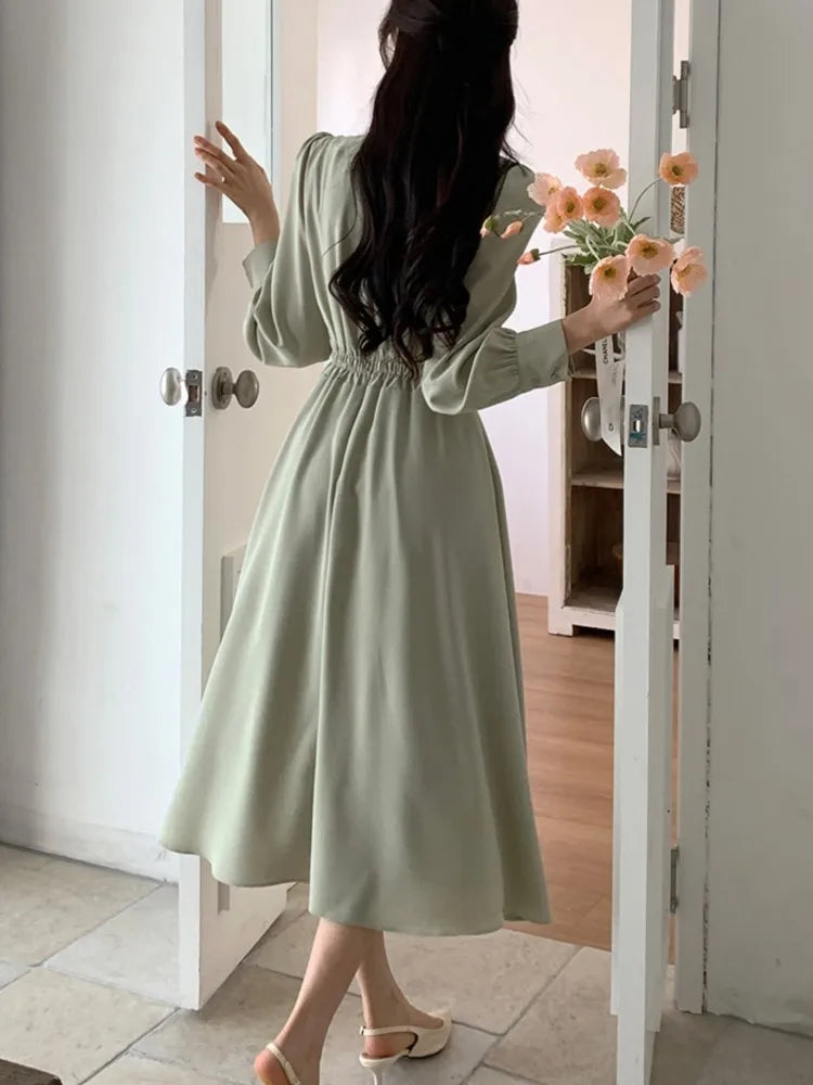 Lunivop  Korean Solid Midi Dresses for Women Fashion V-neck Long Sleeve A-line Solid Casual Dress Office Lady Clothing Autumn New
