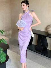 Lunivop  Women Purple Jacquard Diamonds Luxury Long Dress Summer Fashion Chic Neck-mounted Dress Korean Vintage Elegant Party Dress
