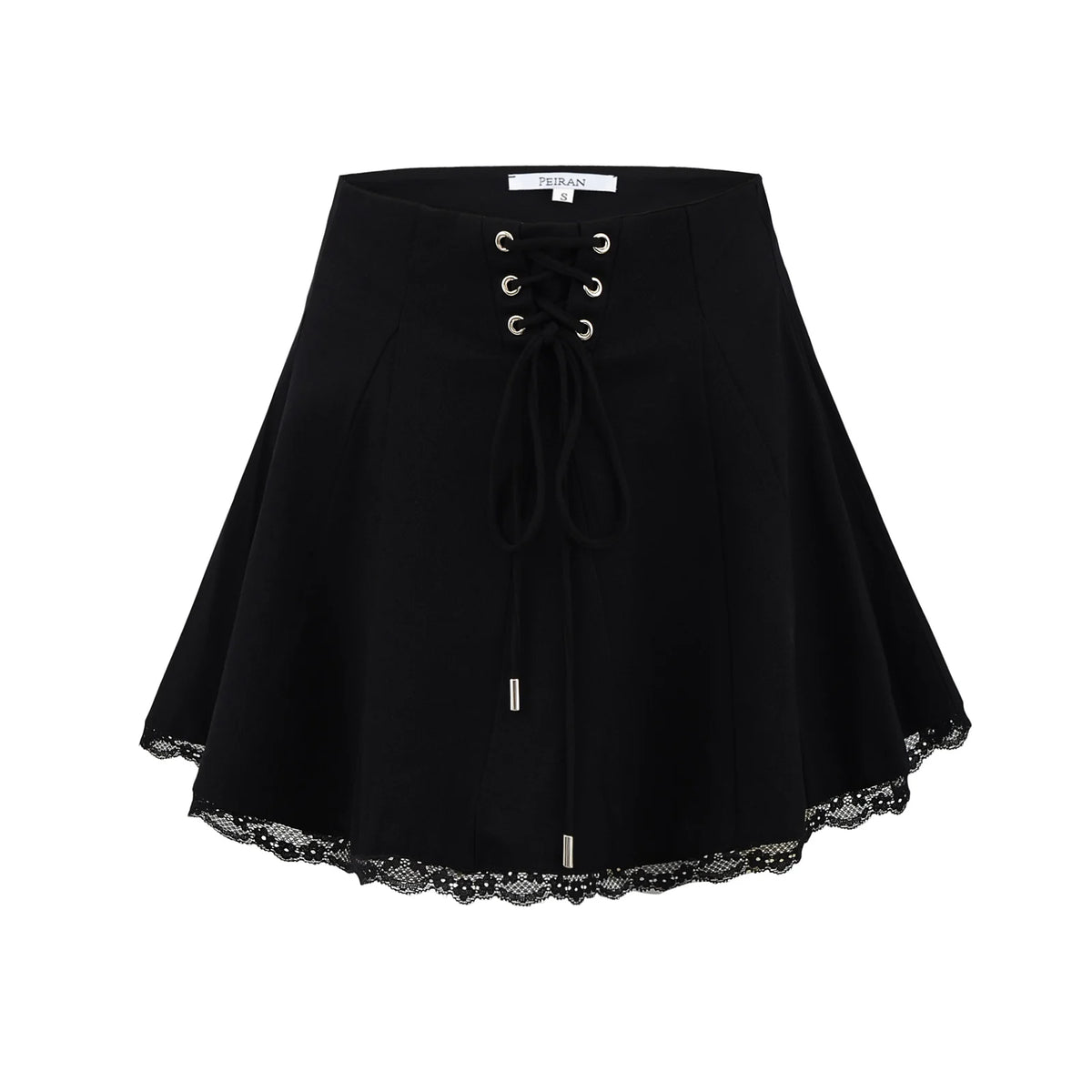 Lunivop  Holiday Front Cross Lacing up Bandage Bow Zipper Waist Mini Skirt Women White Spliced Lace Hem Ruched Swing A-lined Skirts Black
