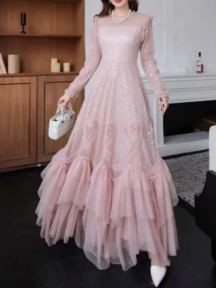 Lunivop  Lace Sequins Slim Women Floral Skirt Long Sleeves O Neck Spot Printing Ear Fungus Edge Female Dress 2025 Spring New