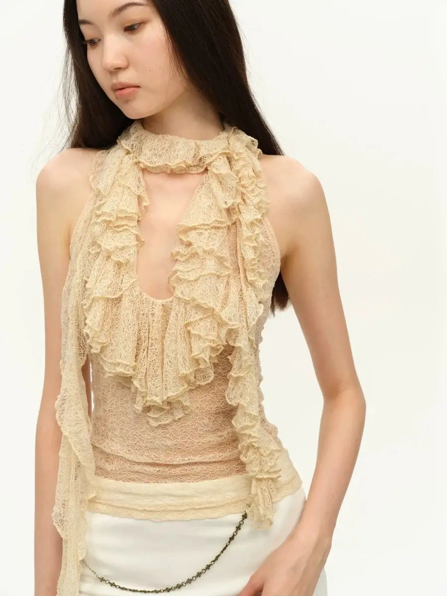Lunivop  Heavy Lace Ruffles Patchwork Halter Vest for Women See Through Mesh Gray Tank Top 2025 Summer New Slim Fit Tops Mujer