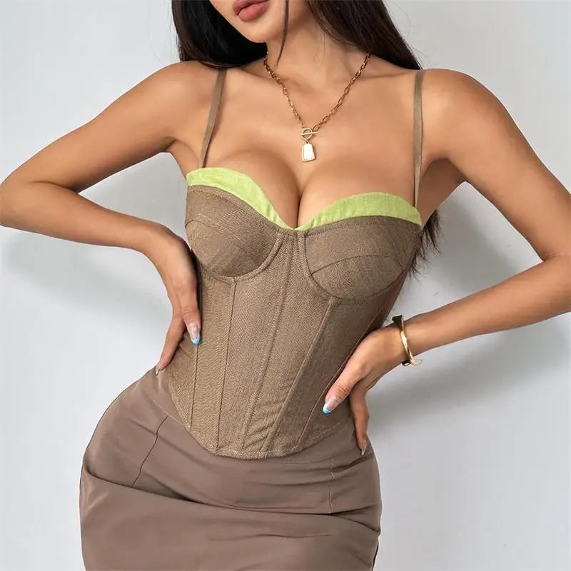 Lunivop  Women Solid Deep-V Satin Camisole Corset Top Elegant Double-Strap Fitted Cropped Back-Tie Chic Versatile Date Lady Tops