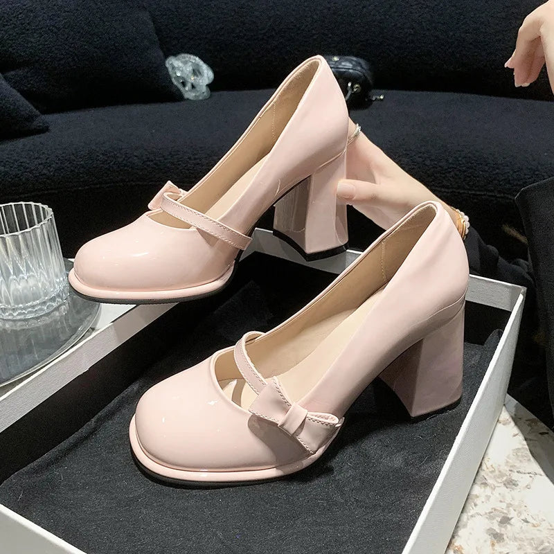 Lunivop Elegant Heel Shoes Ladies 8cm High Heel Bowknot Solid Mary Jane Zapatos Adult Dress Pink White Black Cosplay Footwear