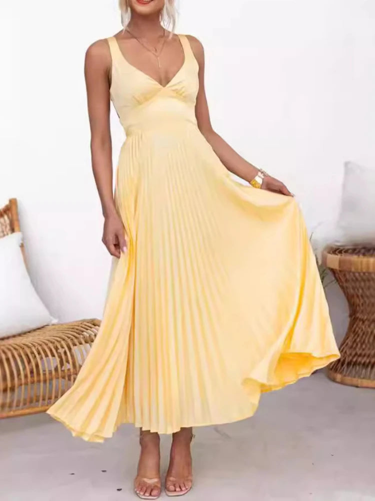 Lunivop  Summer Fashion New Style Women's Elegant Strap Fold Style Loose Solid Color Vacation Style Banquet Style Women's Long Dress
