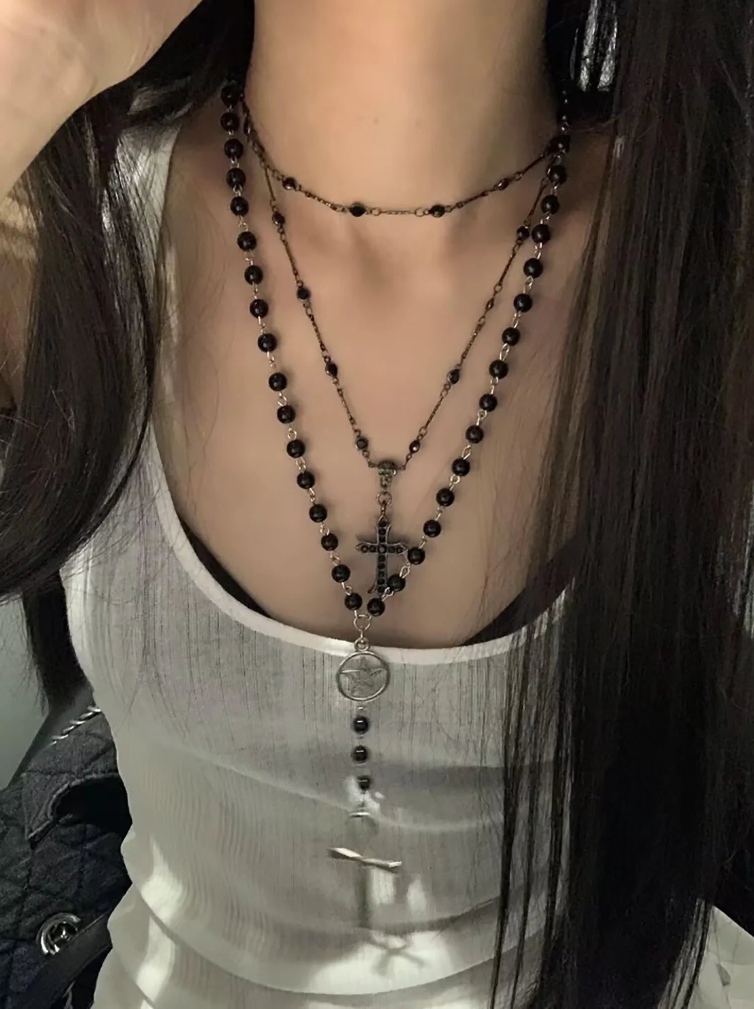 Lunivop New Fashion Personalized Cross Long Bead Necklace for Wwomen Beaded Chain Vintage Punk Gothic Long Necklace Jewelry Gift