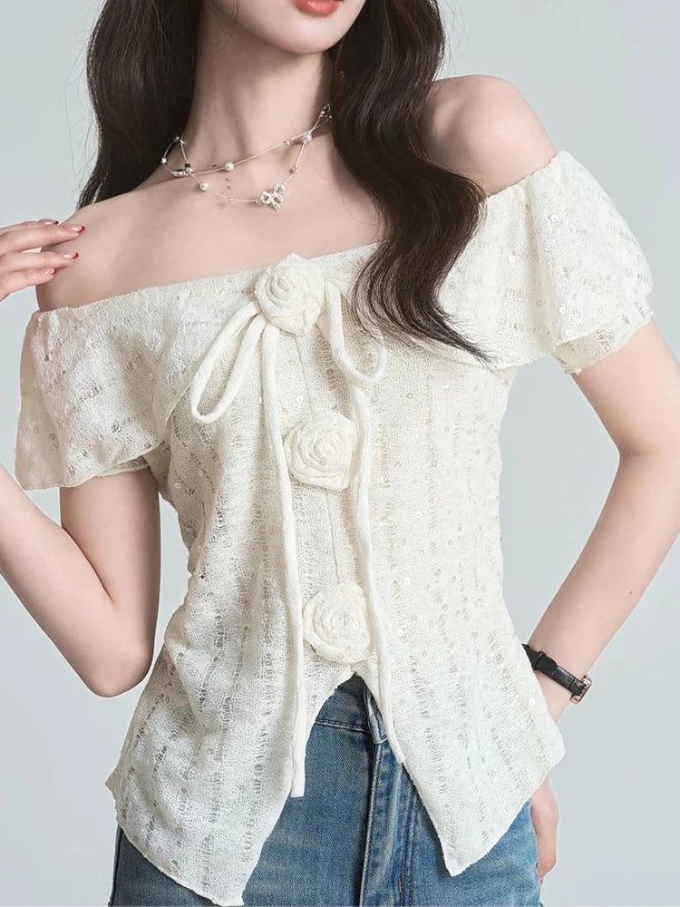 Lunivop  3D Floral Ruffles Sweet T Shirt Women Slim Sexy Cropped Short Sleeve Chic Tees Tops Korean Fashion Elegant Female T Shirts