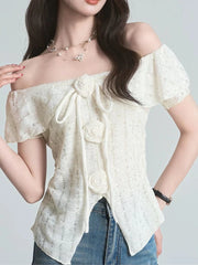 Lunivop  3D Floral Ruffles Sweet T Shirt Women Slim Sexy Cropped Short Sleeve Chic Tees Tops Korean Fashion Elegant Female T Shirts