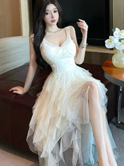 Lunivop  Patchwork V Neck Sleeveless Slim Elegant Backless Spring Summer Women's Short Front Long Back Party White  Sing Dress