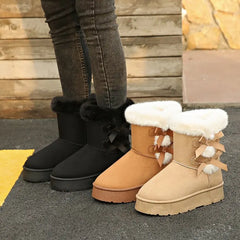 Lunivop Women Snow Boots Winter Mid-calf Boots Warm Cotton Shoes Fashion Bowknot Solid Color Ladies Brown Platform Long Boots Plus Size