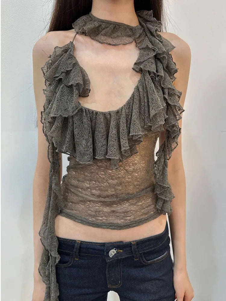 Lunivop  Heavy Lace Ruffles Patchwork Halter Vest for Women See Through Mesh Gray Tank Top 2025 Summer New Slim Fit Tops Mujer