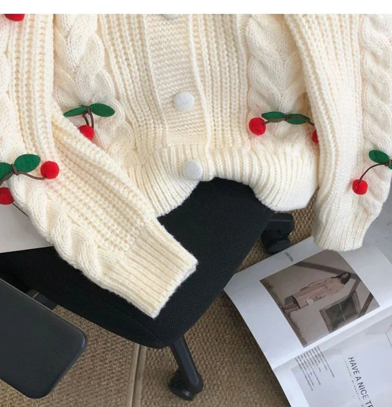 Lunivop Women Cherry Sweater Cardigan Cute Cherries Pom Pom Cable Knit Button-Up Knit Coat Fall Winter Korean Kawaii Sweet Outfit
