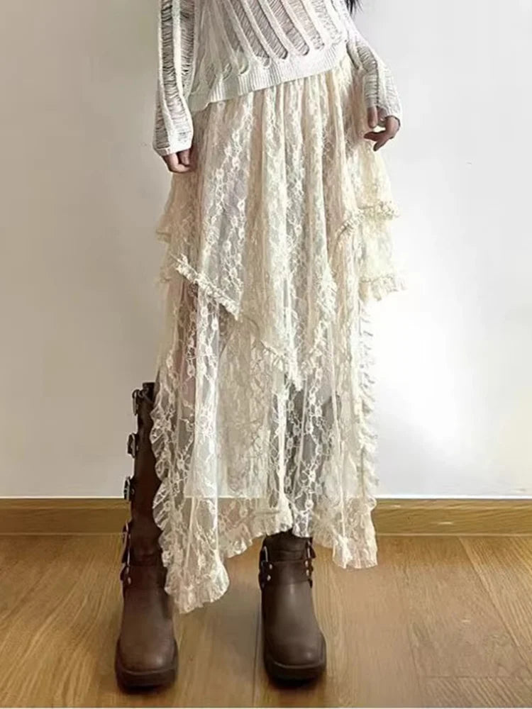 Lunivop Women Lace Skirt Vintage Y2K Aesthetic Summer Fashion High Waist Mid Skirts Ladies Holiday Outfits New
