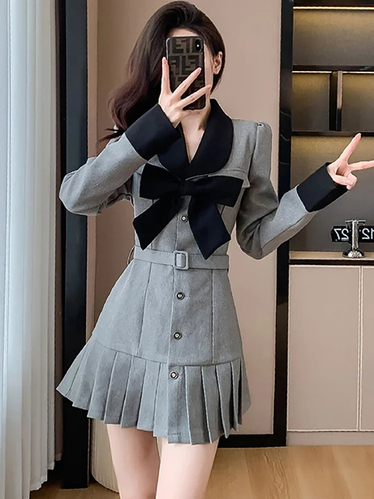 Lunivop  New Chic Bow Y2k Mini Pleated Dress Women Long Sleeve Bodycon Casual Prom Clothes Autumn Winter Korean Elegant Party Dress