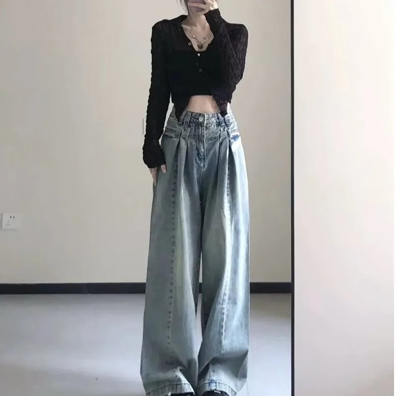 Lunivop  Vintage American High Waist Wide Leg Jeans for Women Pear Shape Slimming Straight Loose Drapey Ankle-Length Pants Long Trousers