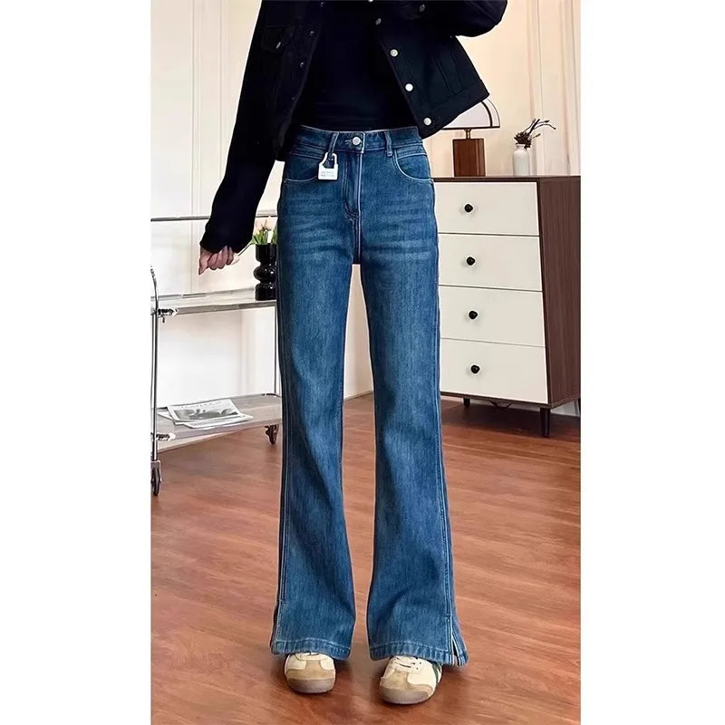 Lunivop  Spring Autumn Non Stick Straight Cut Blue Denim Jeans for Fat Sisters High Waist Flattering Pear Shape Wide Leg Trousers
