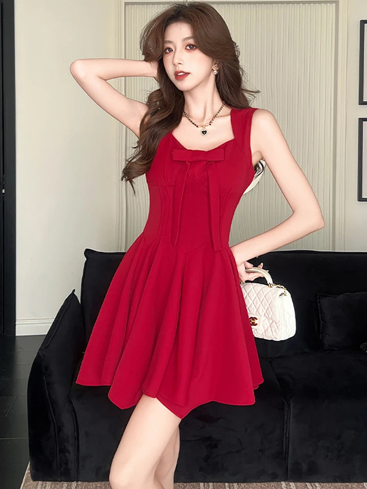 Lunivop  Summer Red Chic Bow Sqaure Collar Sling Sexy Mini Dress Women Elegant Ruffled Luxury Dress Gown 2025 Korean Bodycon Party Dress