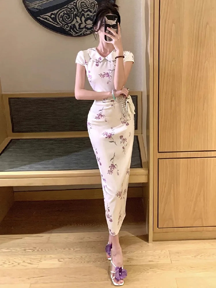 Lunivop  Woman Dress Sexy Peter Pan Collar Floral Printed Slim Vintage Elegant Summer Fashion Temperament Party Dresses Female