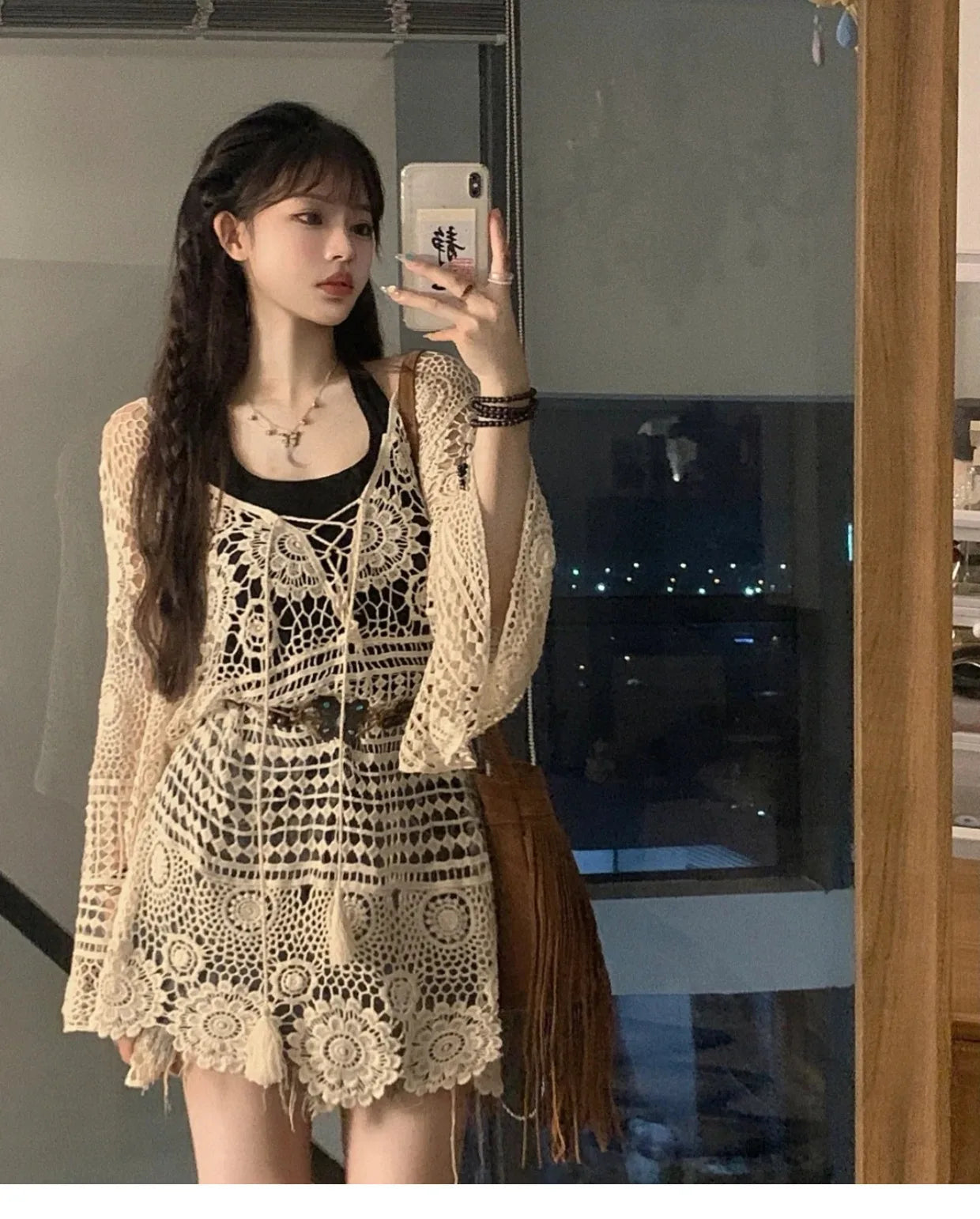 Lunivop Crochet Tunic Top Boho Women Summer Beach Wear Lantern Sleeve Tassel V-Neck Open Knit Top
