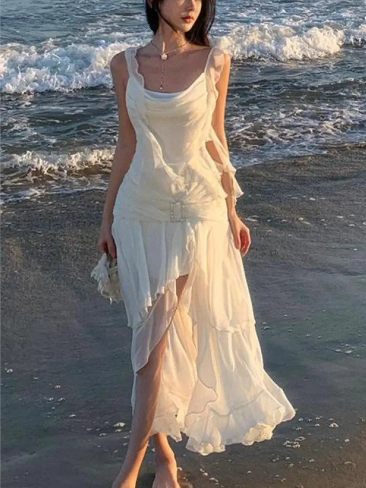 Lunivop  Women Elegant Backless Sexy Slip Dresses Summer New Fashion Asymmetrical Ruffles Holiday Beach Party Club Split Long Dress