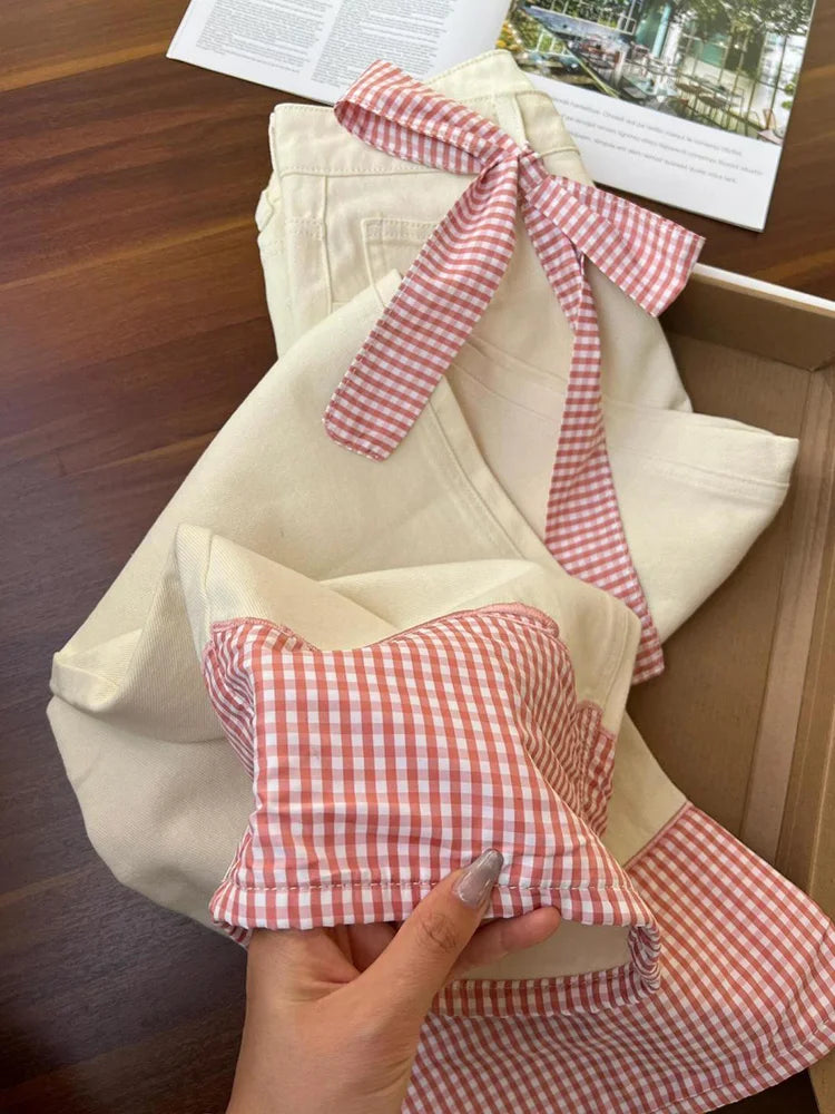 Lunivop Plaid Patchwork Sweet Jeans Women Elegant Bow High Waist Denim Pant Fall Winter Loose Casual Female Fashion Wide Leg Trousers