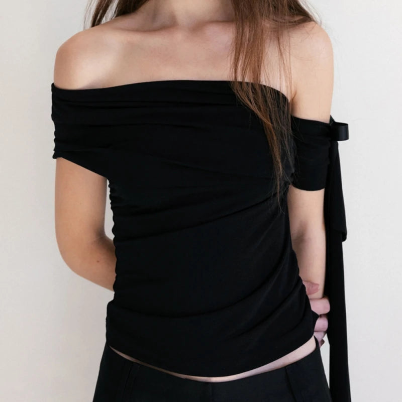 Lunivop   Solid Sexy Off Shoulder Casual Slash Neck Bow Pleated Slim Fit Crop Tops Y2K Spring Summer New Daily Cute Fashion Vest