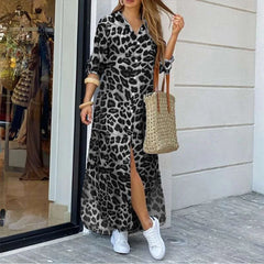 Lunivop  New European American Spring Summer Casual Leopard Print Fashion Slit Extra Long Women's Shirt Dress