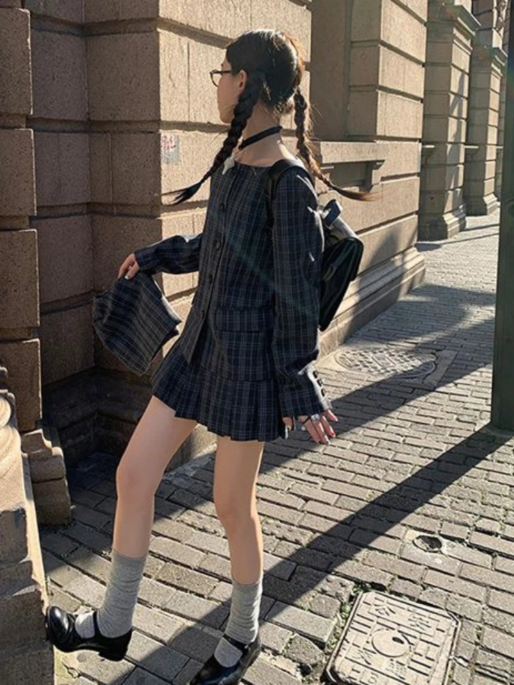 Lunivop Plaid Two-piece Suit Women Harajuku Slash Neck Vintage Single Breasted Overcoat Girls Sweet Pleated Grunge Skirts