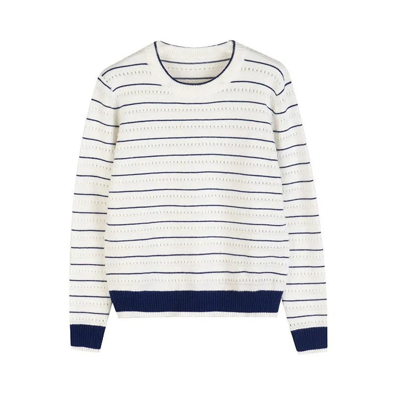 Lunivop Vintage Elegant Striped Sweaters Women Loose O Neck Hollow Out Knitted Pullover French Retro Long Sleeve Casual Jumper Tops