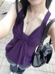 Lunivop  Anerican Pure Desire Sexy V Neck Camis Tie Sling Vintage Slim Waist Vest All-match Spice Girls Sleeveless Ruched Tanks