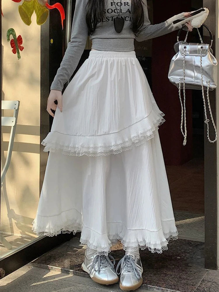 Lunivop Ruffles White Long Skirt Women High Waist Sweet Lace Patchwork Skirts Vintage Casual Loose Korean Female Summer Skirts New