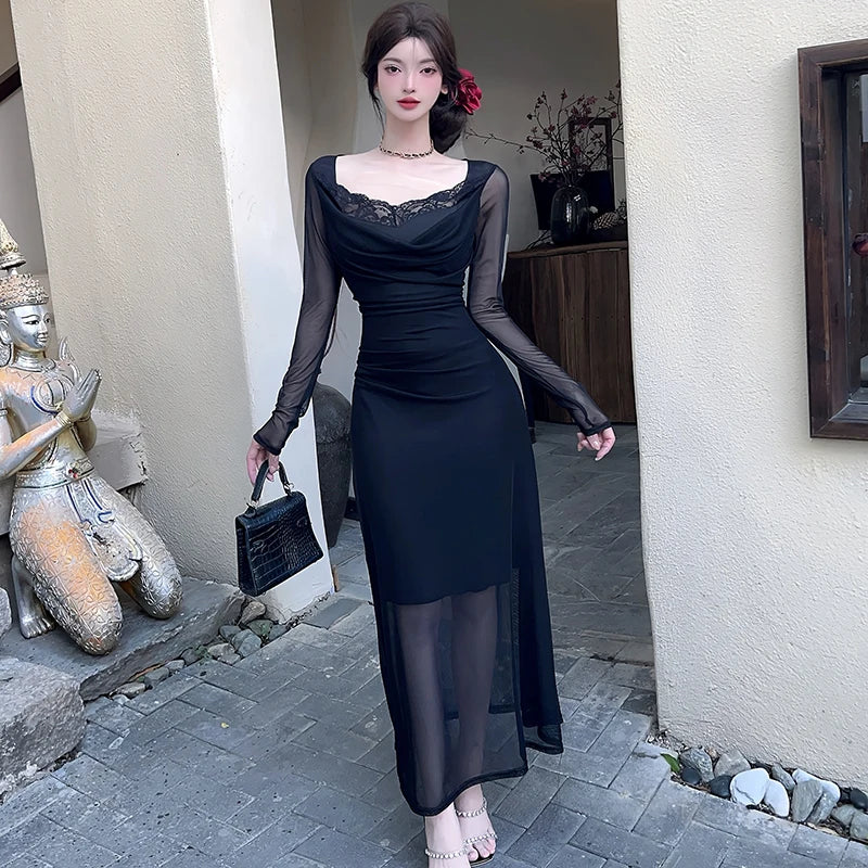 Lunivop  Women Blue Mesh Patchwork Lace Square Collar Long Dress Summer Elegant Casual Dress with Long Sleeve Korean Bodycon Dresses