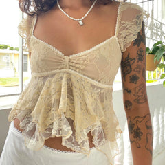 Lunivop  Summer Women Fashion Sexy Crop Tanks Flying Sleeve V Neck Lace Double Layered Lotus Edge Tops