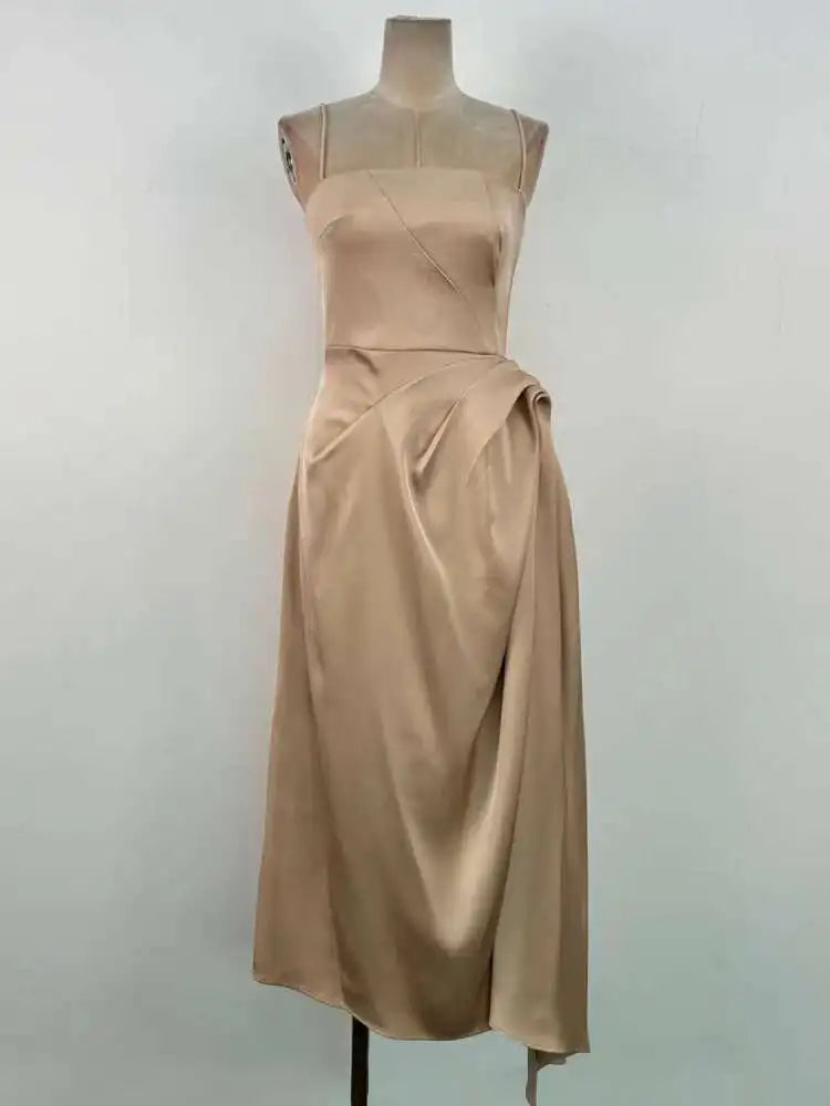 Lunivop Fashion Solid Color Folds Dress Women's Irregular Suspender Waist Cinching Dresses 2025 Summer New Tide