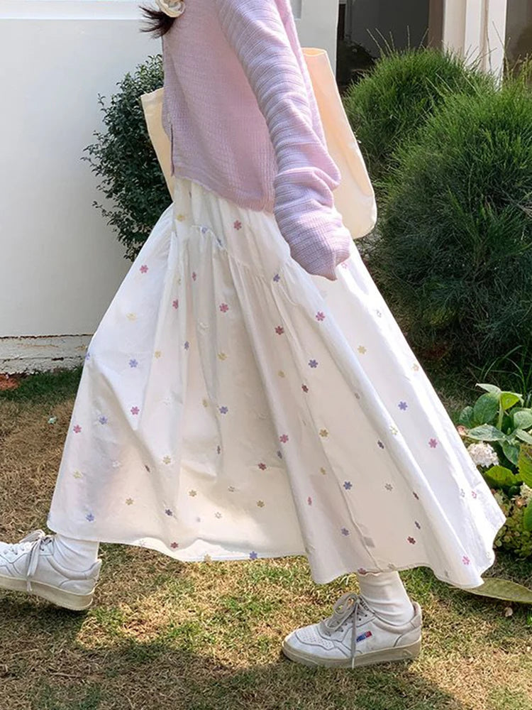 Lunivop Sweet Floral Long Skirts Women High Waist Loose Elegant Skirt French Vintage Casual Preppy Style Female Cute A Line Skirt